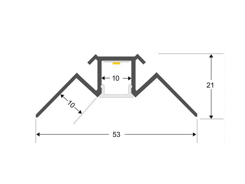 Perfil fabricado en aluminio de alta calidad ideal para iluminación de cualquier ambiente (baños, cocinas, pasillos, salones, etc) Se instala en obra entre el pladur, yeso, azulejos, etc. Dispone de aletas troqueladas que facilita la inserción del cemento u otro material para asegurar así un agarre perfecto a la pared.