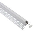 Perfil fabricado en aluminio de alta calidad ideal para iluminación de cualquier ambiente (baños, cocinas, pasillos, salones, etc) Se instala en obra entre el pladur, yeso, azulejos, etc. Dispone de aletas troqueladas que facilita la inserción del cemento u otro material para asegurar así un agarre perfecto a la pared.