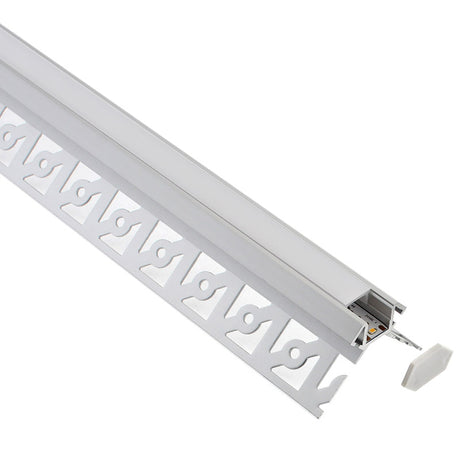Perfil fabricado en aluminio de alta calidad ideal para iluminación de cualquier ambiente (baños, cocinas, pasillos, salones, etc) Se instala en obra entre el pladur, yeso, azulejos, etc. Dispone de aletas troqueladas que facilita la inserción del cemento u otro material para asegurar así un agarre perfecto a la pared.