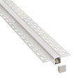 Perfil fabricado en aluminio de alta calidad ideal para iluminación de cualquier ambiente (baños, cocinas, pasillos, salones, etc) Se instala en obra entre el pladur, yeso, azulejos, etc. Dispone de aletas troqueladas que facilita la inserción del cemento u otro material para asegurar así un agarre perfecto a la pared.