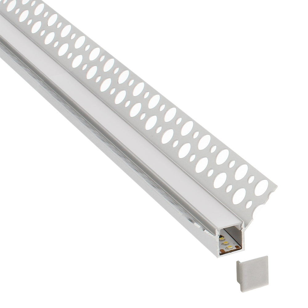 Perfil fabricado en aluminio de alta calidad ideal para iluminación de cualquier ambiente (baños, cocinas, pasillos, salones, etc) Se instala en obra entre el pladur, yeso, azulejos, etc. Dispone de aletas troqueladas que facilita la inserción del cemento u otro material para asegurar así un agarre perfecto a la pared.