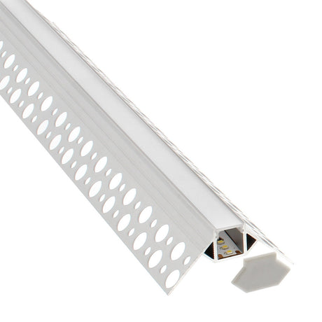 Perfil fabricado en aluminio de alta calidad ideal para iluminación de cualquier ambiente (baños, cocinas, pasillos, salones, etc) Se instala en obra entre el pladur, yeso, azulejos, etc. Dispone de aletas troqueladas que facilita la inserción del cemento u otro material para asegurar así un agarre perfecto a la pared.