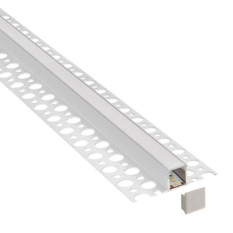 Perfil fabricado en aluminio de alta calidad ideal para iluminación de cualquier ambiente (baños, cocinas, pasillos, salones, etc) Se instala en obra entre el pladur, yeso, azulejos, etc. Dispone de aletas troqueladas que facilita la inserción del cemento u otro material para asegurar así un agarre perfecto a la pared.