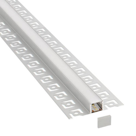 Perfil fabricado en aluminio de alta calidad ideal para iluminación de cualquier ambiente (baños, cocinas, pasillos, salones, etc) Se instala en obra entre el pladur, yeso, azulejos, etc. Dispone de aletas troqueladas que facilita la inserción del cemento u otro material para asegurar así un agarre perfecto a la pared.