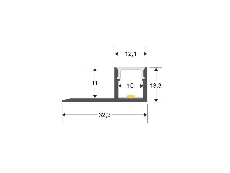 Perfil fabricado en aluminio de alta calidad ideal para iluminación de cualquier ambiente (baños, cocinas, pasillos, salones, etc) Se instala en obra entre el pladur, yeso, azulejos, etc. Dispone de aletas troqueladas que facilita la inserción del cemento u otro material para asegurar así un agarre perfecto a la pared.