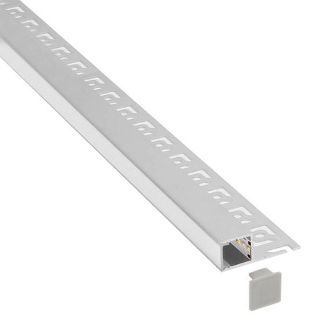 Perfil fabricado en aluminio de alta calidad ideal para iluminación de cualquier ambiente (baños, cocinas, pasillos, salones, etc) Se instala en obra entre el pladur, yeso, azulejos, etc. Dispone de aletas troqueladas que facilita la inserción del cemento u otro material para asegurar así un agarre perfecto a la pared.