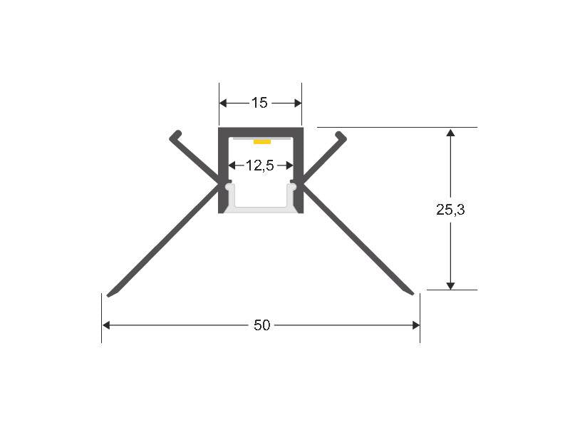 Perfil fabricado en aluminio de alta calidad ideal para iluminación de cualquier ambiente (baños, cocinas, pasillos, salones, etc) Se instala en obra entre el pladur, yeso, azulejos, etc. Dispone de aletas troqueladas que facilita la inserción del cemento u otro material para asegurar así un agarre perfecto a la pared.