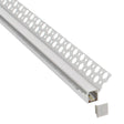 Perfil fabricado en aluminio de alta calidad ideal para iluminación de cualquier ambiente (baños, cocinas, pasillos, salones, etc) Se instala en obra entre el pladur, yeso, azulejos, etc. Dispone de aletas troqueladas que facilita la inserción del cemento u otro material para asegurar así un agarre perfecto a la pared.