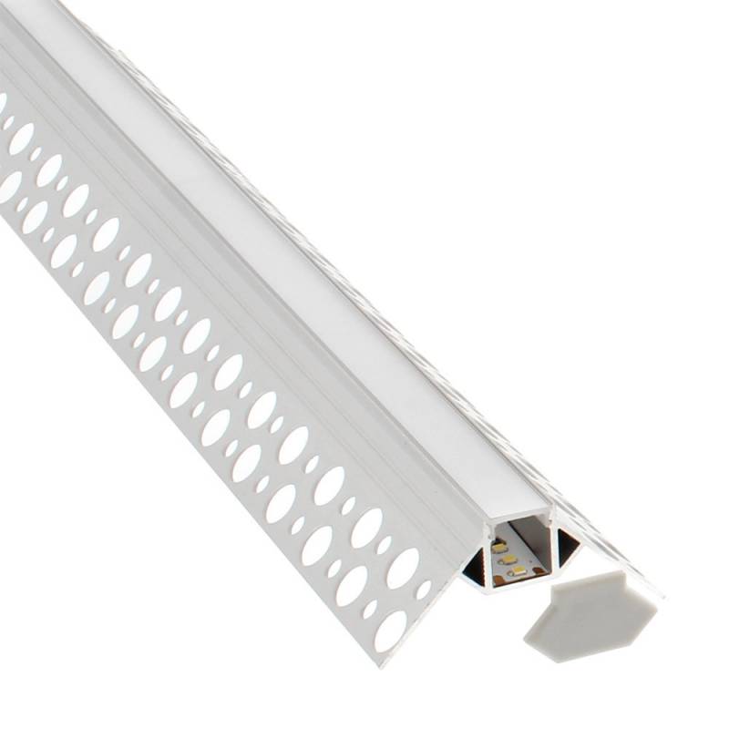 Perfil fabricado en aluminio de alta calidad ideal para iluminación de cualquier ambiente (baños, cocinas, pasillos, salones, etc) Se instala en obra entre el pladur, yeso, azulejos, etc. Dispone de aletas troqueladas que facilita la inserción del cemento u otro material para asegurar así un agarre perfecto a la pared.