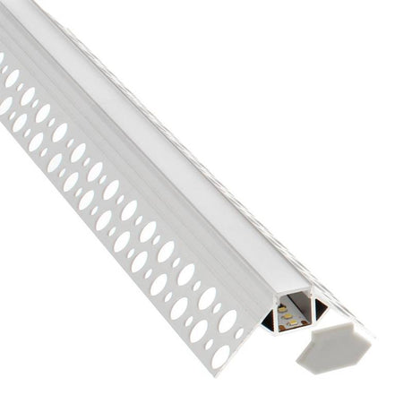 Perfil fabricado en aluminio de alta calidad ideal para iluminación de cualquier ambiente (baños, cocinas, pasillos, salones, etc) Se instala en obra entre el pladur, yeso, azulejos, etc. Dispone de aletas troqueladas que facilita la inserción del cemento u otro material para asegurar así un agarre perfecto a la pared.