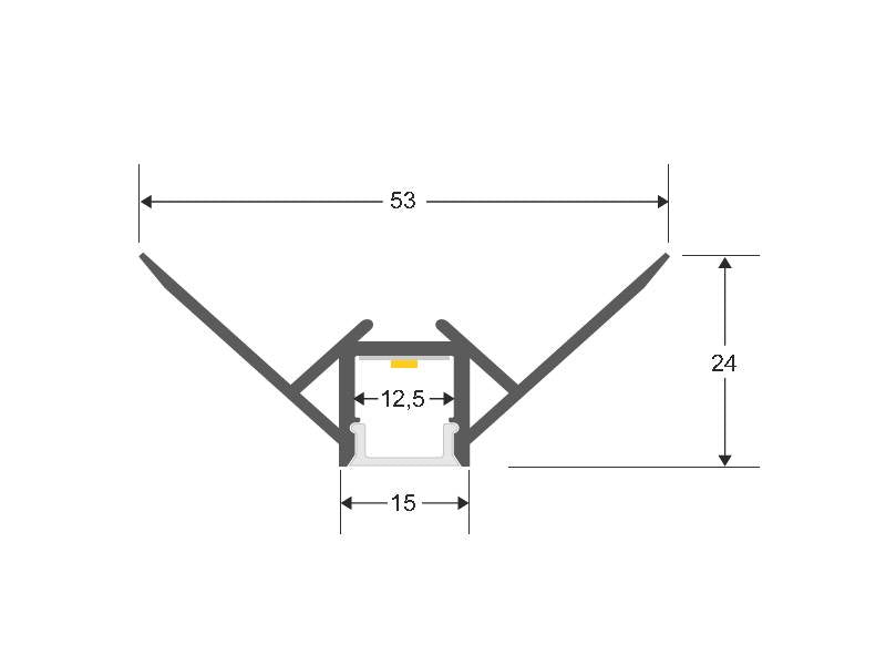 Perfil fabricado en aluminio de alta calidad ideal para iluminación de cualquier ambiente (baños, cocinas, pasillos, salones, etc) Se instala en obra entre el pladur, yeso, azulejos, etc. Dispone de aletas troqueladas que facilita la inserción del cemento u otro material para asegurar así un agarre perfecto a la pared.