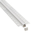 Perfil fabricado en aluminio de alta calidad ideal para iluminación de cualquier ambiente (baños, cocinas, pasillos, salones, etc) Se instala en obra entre el pladur, yeso, azulejos, etc. Dispone de aletas troqueladas que facilita la inserción del cemento u otro material para asegurar así un agarre perfecto a la pared.