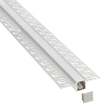 Perfil fabricado en aluminio de alta calidad ideal para iluminación de cualquier ambiente (baños, cocinas, pasillos, salones, etc) Se instala en obra entre el pladur, yeso, azulejos, etc. Dispone de aletas troqueladas que facilita la inserción del cemento u otro material para asegurar así un agarre perfecto a la pared.