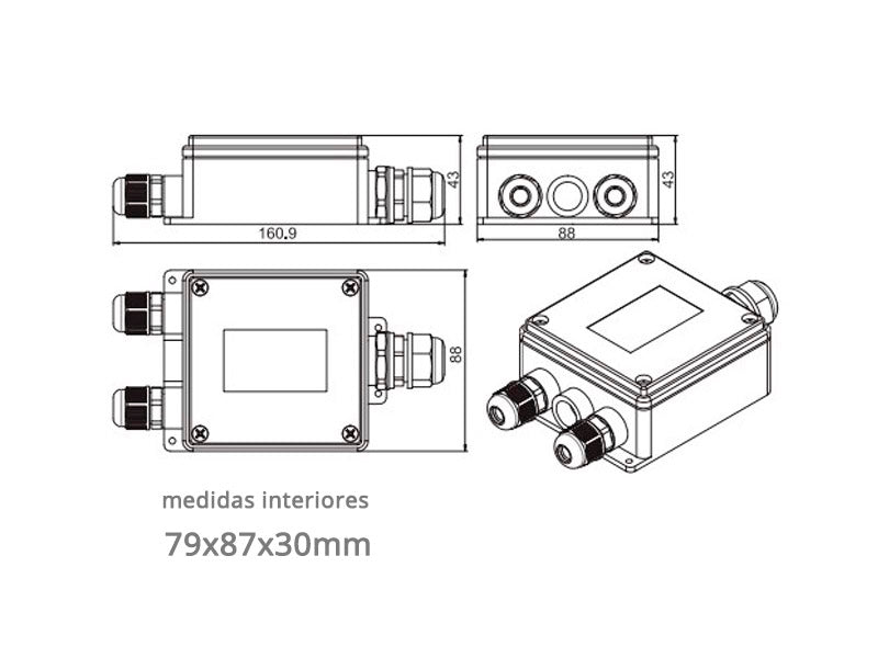 Caja IP68 para conexiones estancas, incluye 3 conectores para cables.