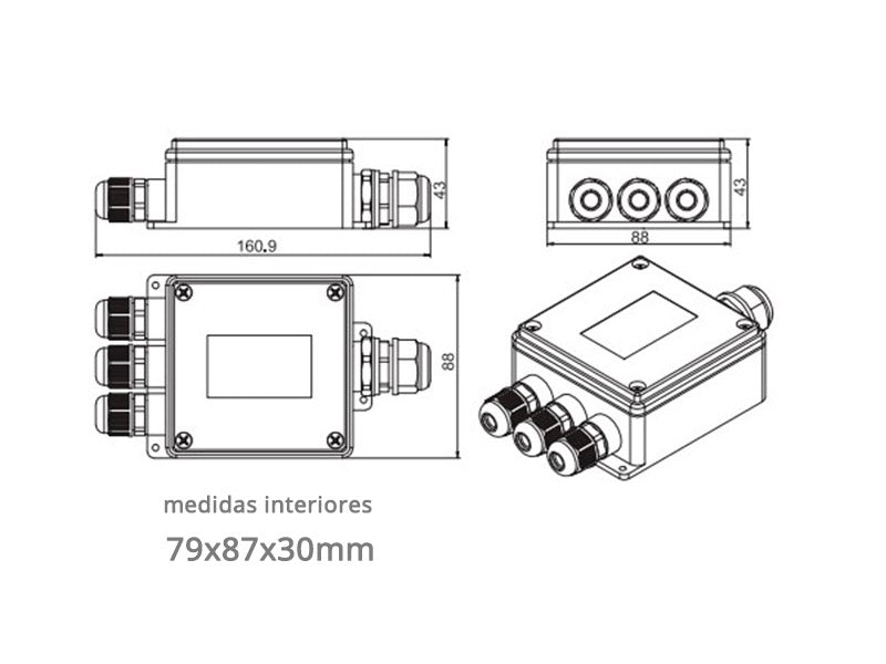 Caja IP68 para conexiones estancas, incluye 4 conectores para cables.