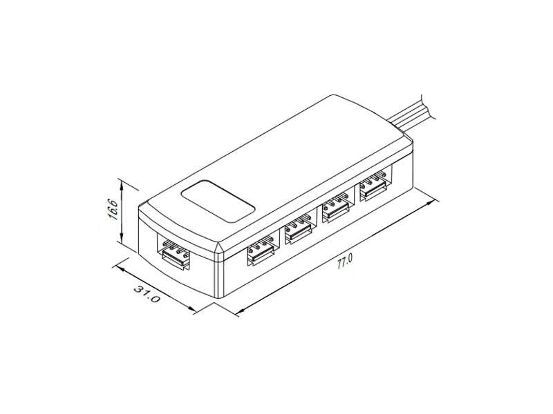 Distribuidor RGB 9X hembra. Una entrada RGB (cuatro hilos) y 9 salidas RGB (cuatro hilos).