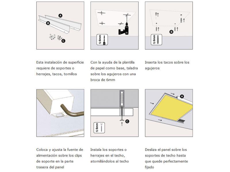 Herrajes fabricados en aluminio lacado en color blanco especialmente diseñados para la instalación de paneles led en superficie. Instalación rápida y sencilla para todo tipo de techos.