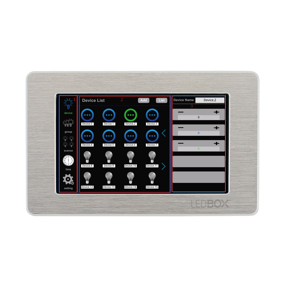 Controlador DMX Master con pantalla táctil con software incorporado para el control y configuración de dispositivos DMX.