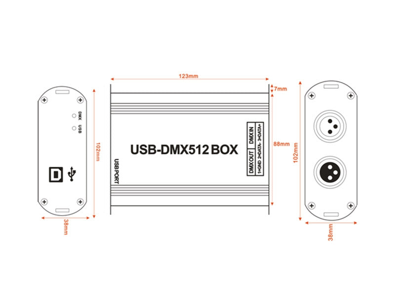 Controlador DMX Master con conector USB para conectar al PC para el control y configuración de dispositivos DMX con el software incluido.