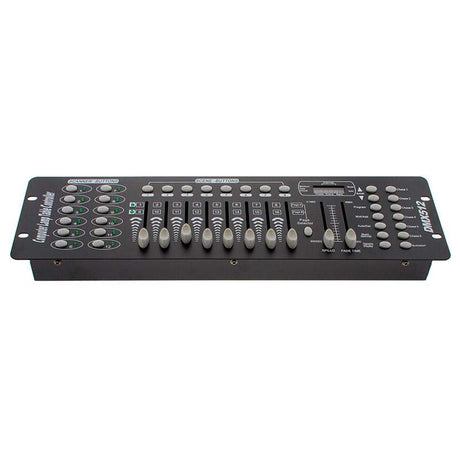 Consola DMX 512 Profesional. Permite manejar cualquier tipo de luminarias que sea DMX: Efecto de LED, cabezal móvil, máquina de humo, Strobo, Dimmer Pack. Controla hasta 12 equipos independientes de 16 canales cada uno que se seleccionan desde los botones de Scanner.