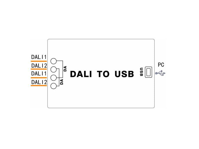 DALI Master con conexión USB para configurar desde el PC el control de los dispositivos DALI. En combinación del software dedicado permite la depuración y configuración del sistema de control de iluminación DALI.