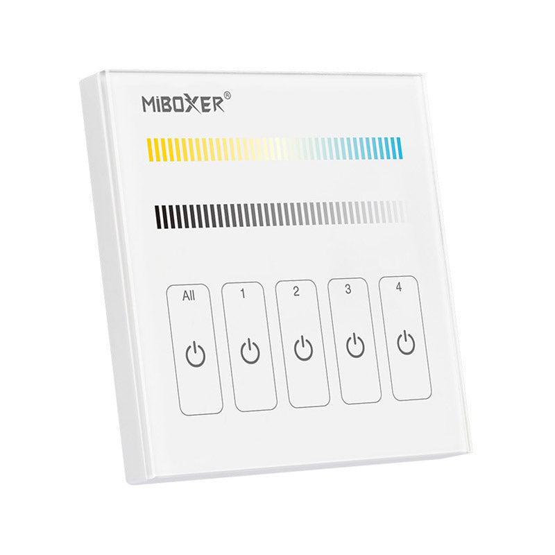 Panel táctil DALI para el control de tiras led CCT (blanco dual 2700K-6500K). Controla el encendido/apagado y regulación de intensidad y color de luz de hasta 4 grupos o zonas diferentes de forma individual o conjunta. Soporta modo de dirección única, modo de grupos y broadcast.