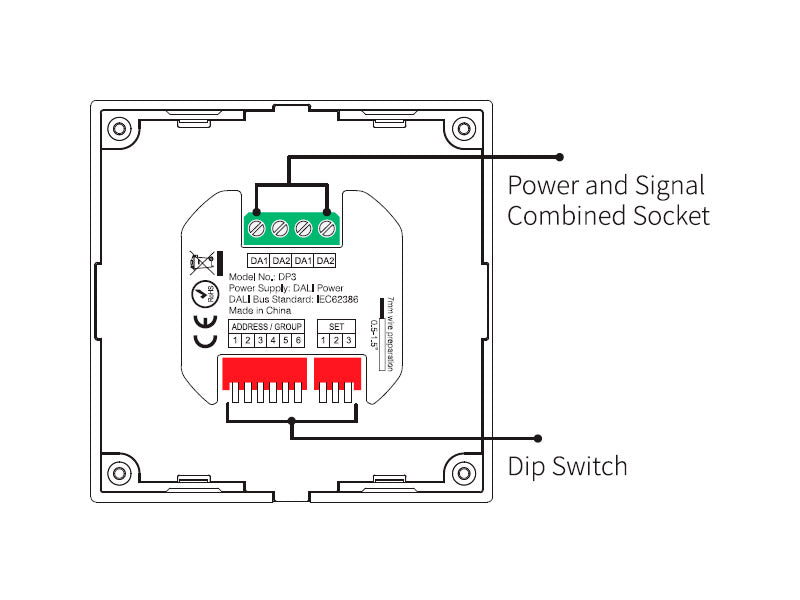 Panel táctil DALI para el control de tiras led RGB+CCT (RGB+blanco dual 2700K-6500K). Controla el encendido/apagado y regulación de intensidad y color de luz. Soporta modo de dirección única, modo de grupos y broadcast.