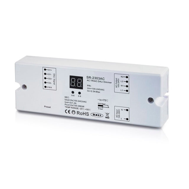 LED DRIVER de AC100-240V con control DALI. Controla el encendido/apagado (switch) e intensidad (TRIAC dimmable desde 3W a 576W) de luminarias led  y driver led. Dispone de dos canales DALI con salida de 1,2A - AC220V cada uno que pueden ser programados de forma independiente con el master DALI.