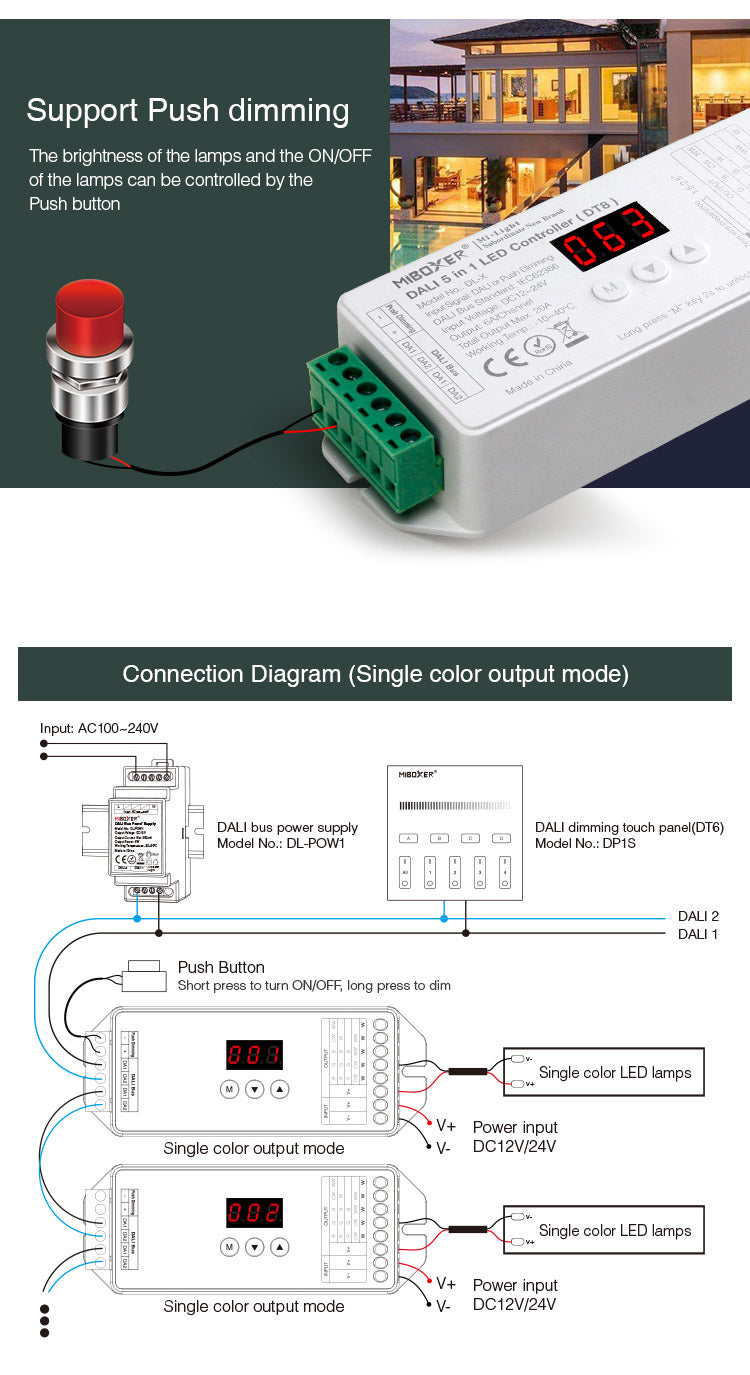 Módulo DALI para el control de tiras led o luminarias led DC12/24V. Control DALI con funciones de regulación y selección de color de tiras MONO, CCT, RGB, RGBW, RGB+CCT mediante Master o panel táctil. Incluye display para facilitar la configuación. Soporta Push dimming.