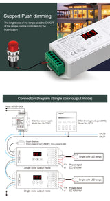 Módulo DALI para el control de tiras led o luminarias led DC12/24V. Control DALI con funciones de regulación y selección de color de tiras MONO, CCT, RGB, RGBW, RGB+CCT mediante Master o panel táctil. Incluye display para facilitar la configuación. Soporta Push dimming.
