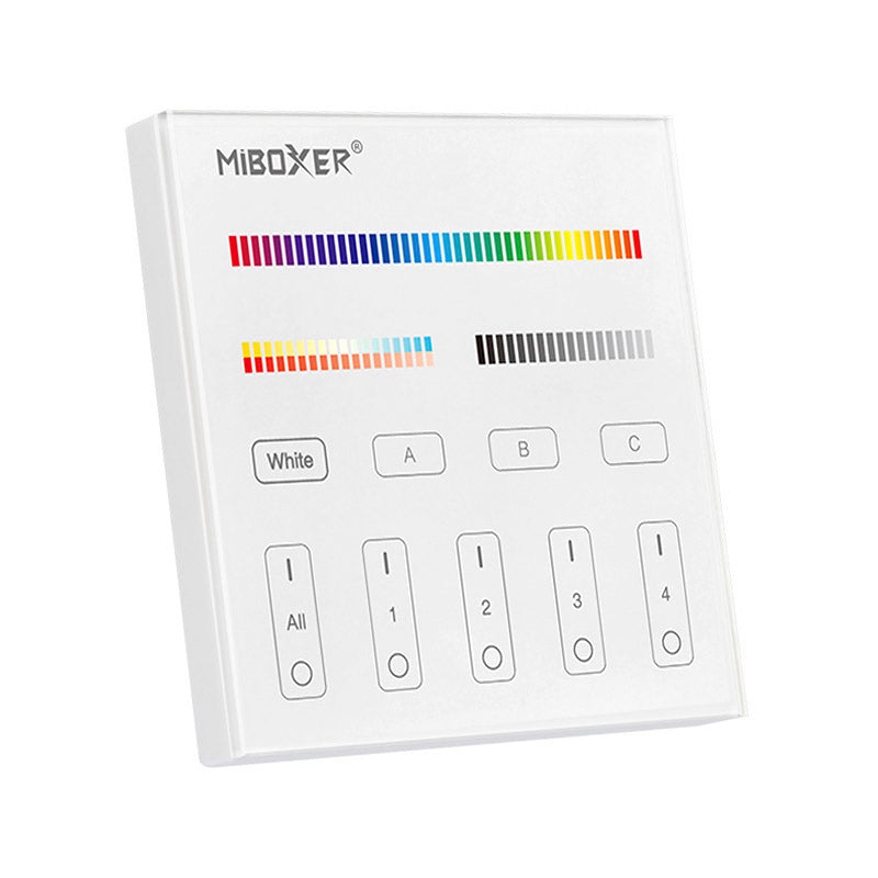 Panel táctil DALI 3 en 1. para el control de tiras led Monocolor, CCT, RGB, RGBW y RGB+CCT (RGB+blanco dual 2700K-6500K). Controla el encendido/apagado y regulación de intensidad y color de luz de hasta 4 grupos o zonas diferentes de forma individual o conjunta. Soporta modo de dirección única, modo de grupos y broadcast. Incluye display en la parte posterior para facilitar su configuración.