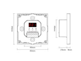 Panel táctil DALI 3 en 1. para el control de tiras led Monocolor, CCT, RGB, RGBW y RGB+CCT (RGB+blanco dual 2700K-6500K). Controla el encendido/apagado y regulación de intensidad y color de luz de hasta 4 grupos o zonas diferentes de forma individual o conjunta. Soporta modo de dirección única, modo de grupos y broadcast. Incluye display en la parte posterior para facilitar su configuración.