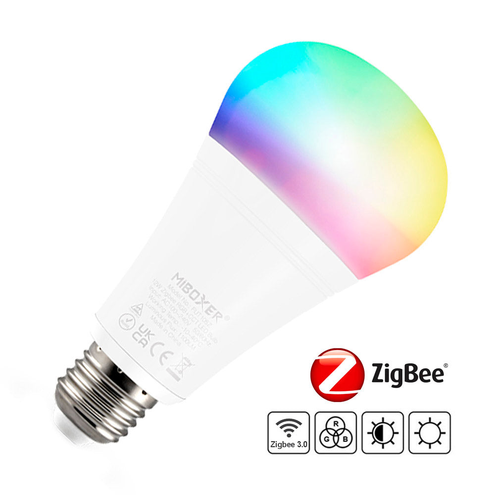 Bombilla inteligente compatible con el standar Zigbee 3.0 que proporciona a los usuarios un control fácil y sencillo de todas sus funiones. Fácil instalación y conectividad ZigBee. Selección entre blanco cálido, neutro o frío, color RGB, o color RGB + blanco.