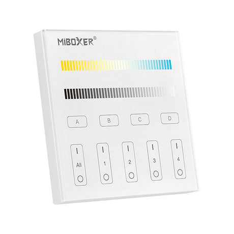 Panel táctil DALI para el control de tiras led CCT (blanco dual 2700K-6500K). Controla el encendido/apagado y regulación de intensidad y color de luz de hasta 4 grupos o zonas diferentes de forma individual o conjunta. Soporta modo de dirección única, modo de grupos y broadcast.