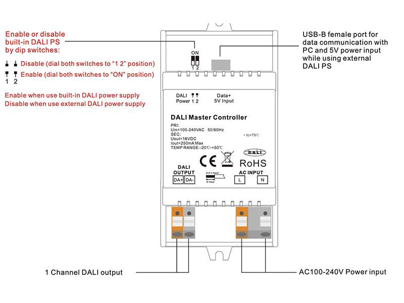 El controlador master DALI para riel DIN SR-2300-USB es un controlador central de un sistema DALI para controlar dispositivos de control DALI de última generación. Permite asignar y gestionar automáticamente direcciones de hasta 64 equipos de control. Admite 5 equipos de control DALI, tipos de dispositivos: DT6, DT8 Tc, DT8 coordenadas XY, DT8 RGBWA, DT7 Actuador de conmutación. También soporta los dispositivos de entrada pulsador DALI-2 tipo 301
