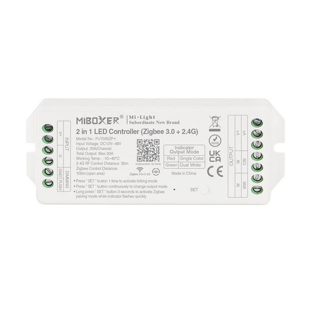 Controlador compatible con el standar Zigbee 3.0 + 2.4G RF 2 en 1, para tiras monocolor y CCT blanco dual. Proporciona a los usuarios un control inteligente de las tiras led monocolor conectadas. Fácil instalación y conectividad ZigBee. Control por ZigBee 3 + 2.4G RF + Philips Hue + APP Tuya + Amazon Alexa + Google Home + IKEA TRADFRI
