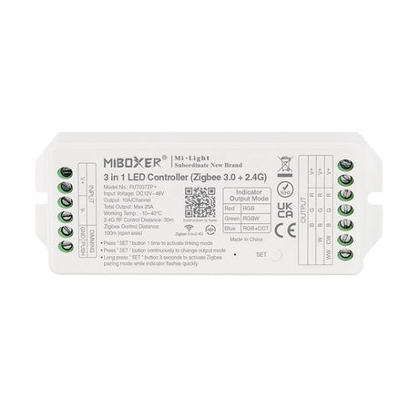 Controlador compatible con el standar Zigbee 3.0 + 2.4G RF 2 en 1, para tiras RGB+RGBW+RGBCCT. Proporciona a los usuarios un control inteligente de las tiras led monocolor conectadas. Fácil instalación y conectividad ZigBee. Control por ZigBee 3 + 2.4G RF + Philips Hue + APP Tuya + Amazon Alexa + Google Home + IKEA TRADFRI