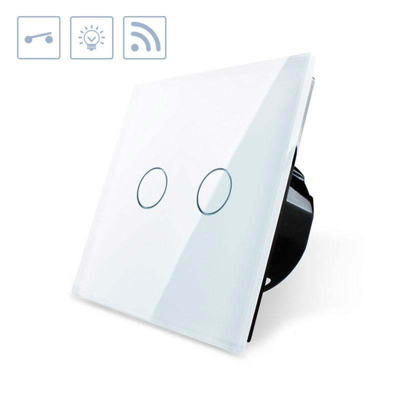 Interruptor sencillo de 1 cuerpo con 2 encendidos en color blanco con función de control remoto (vía RF). Interruptor eléctrico de empotrar con cuerpo de aluminio y panel frontal táctil iluminado de cristal templado con acabado de alta calidad y diseño minimalista.