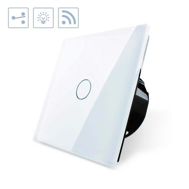 Conmutador sencillo de 1 cuerpo con 1 encendido en color blanco con función de control remoto (vía RF). Conmutador eléctrico de empotrar con cuerpo de aluminio y panel frontal táctil iluminado de cristal templado con acabado de alta calidad y diseño minimalista.