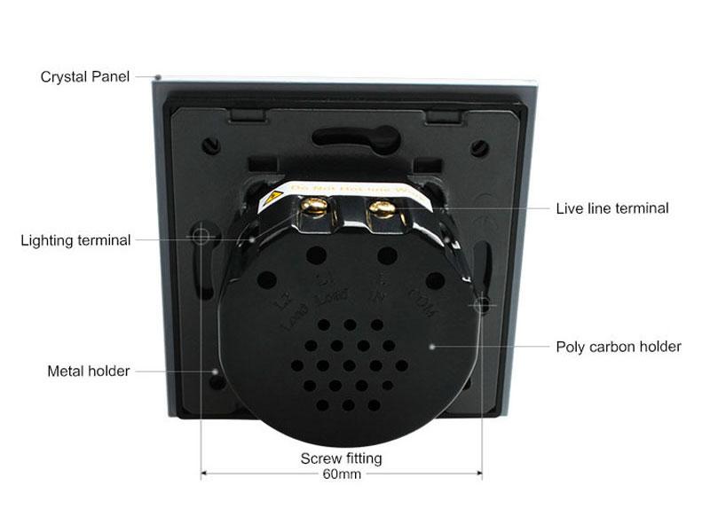 Conmutador sencillo de 1 cuerpo con 2 encendidos en color blanco con función de control remoto (vía RF). Conmutador eléctrico de empotrar con cuerpo de aluminio y panel frontal táctil iluminado de cristal templado con acabado de alta calidad y diseño minimalista.