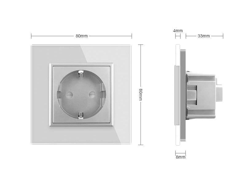 Enchufe tipo SCHUKO EU de 16A negro, compuesto de mecanismo (base) + clavija plástico + panel frontal vidrio. Mecanismo eléctrico de empotrar con cuerpo de aluminio y panel frontal de cristal templado con acabado de alta calidad y diseño minimalista. Incluye marco interior del color del cristal.