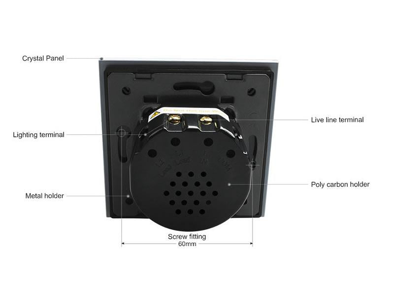 Interruptor doble de 2 cuerpos con 2 encendidos en color blanco con función de control remoto (vía RF). Interruptor eléctrico de empotrar con cuerpo de aluminio y panel frontal táctil iluminado de cristal templado con acabado de alta calidad y diseño minimalista.