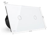 Conmutador doble de 2 cuerpos con 2 encendidos en color blanco con función de control remoto (vía RF). Conmutador eléctrico de empotrar con cuerpo de aluminio y panel frontal táctil iluminado de cristal templado con acabado de alta calidad y diseño minimalista.