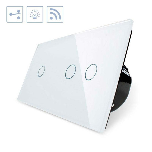 Conmutador doble de 2 cuerpos con 3 encendidos en color blanco con función de control remoto (vía RF). Conmutador eléctrico de empotrar con cuerpo de aluminio y panel frontal táctil iluminado de cristal templado con acabado de alta calidad y diseño minimalista.