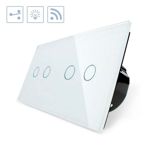 Conmutador doble de 2 cuerpos con 4 encendidos en color blanco con función de control remoto (vía RF). Conmutador eléctrico de empotrar con cuerpo de aluminio y panel frontal táctil iluminado de cristal templado con acabado de alta calidad y diseño minimalista.