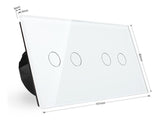 Conmutador doble de 2 cuerpos con 4 encendidos en color blanco con función de control remoto (vía RF). Conmutador eléctrico de empotrar con cuerpo de aluminio y panel frontal táctil iluminado de cristal templado con acabado de alta calidad y diseño minimalista.