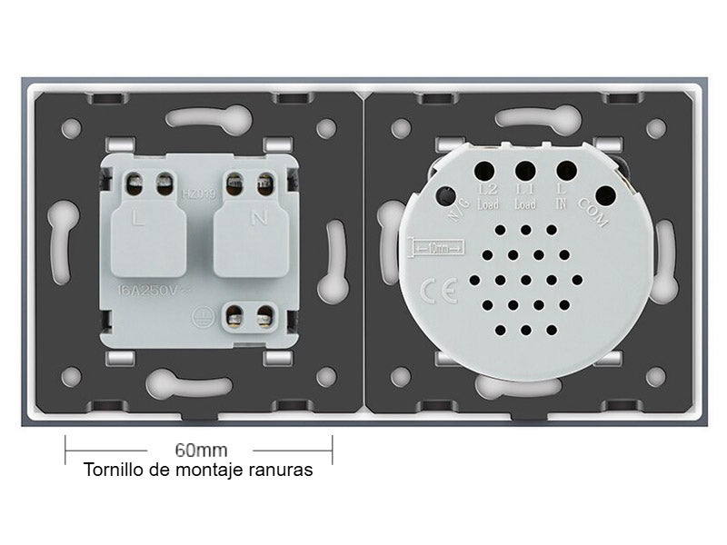 Interruptor doble de 2 cuerpos con 2 encendidos + 1 enchufe en color blanco. Interruptor eléctrico de empotrar con cuerpo de aluminio y panel frontal táctil iluminado de cristal templado con acabado de alta calidad y diseño minimalista. Incluye marco interior del color del cristal.