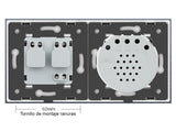 Interruptor doble de 2 cuerpos con 1 encendido + 1 enchufe en color blanco con función de control remoto (vía RF). Interruptor eléctrico de empotrar con cuerpo de aluminio y panel frontal táctil iluminado de cristal templado con acabado de alta calidad y diseño minimalista. Incluye marco interior del color del cristal.