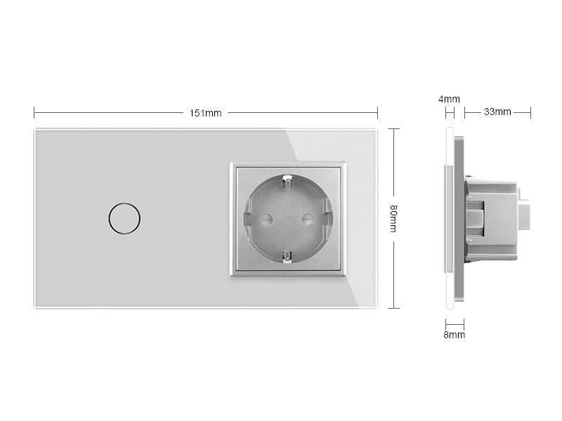 Interruptor doble de 2 cuerpos con 2 encendidos + 1 enchufe en color blanco con función de control remoto (vía RF). Interruptor eléctrico de empotrar con cuerpo de aluminio y panel frontal táctil iluminado de cristal templado con acabado de alta calidad y diseño minimalista. Incluye marco interior del color del cristal.