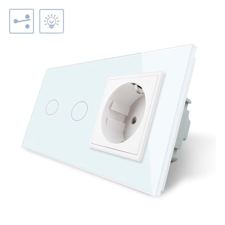 Conmutador doble de 2 cuerpos con 2 encendidos + 1 enchufe en color blanco. Interruptor eléctrico de empotrar con cuerpo de aluminio y panel frontal táctil iluminado de cristal templado con acabado de alta calidad y diseño minimalista. Incluye marco interior del color del cristal.